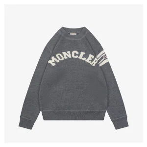 Moncler Curved Logo Crewneck Knit Arm Patch Sweater Grey Front view