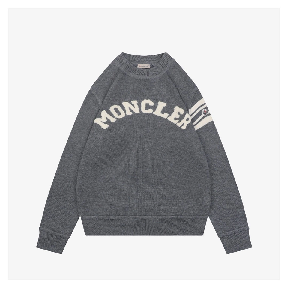 Moncler Curved Logo Crewneck Knit Arm Patch Sweater Grey Front view