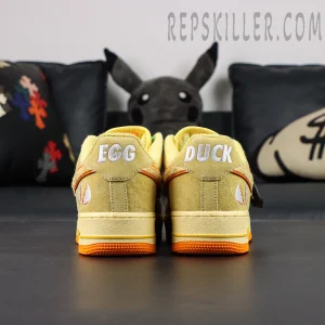 Nike Air Force 1 DOAF “Duck or Egg” PE heel view with “EGG” and “DUCK” embroidery