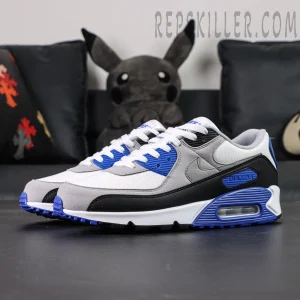 Nike Air Max 90 Hyper Royal side view showing white, grey and blue color blocking