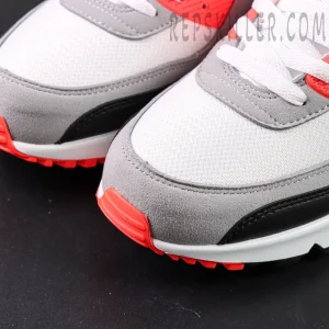 Nike Air Max 90 Infrared 2020 toe box close-up with mesh and suede