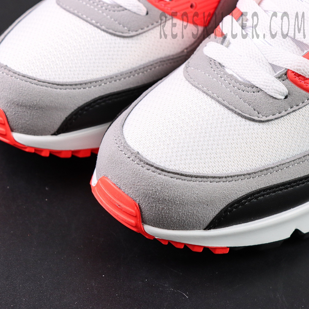 Nike Air Max 90 Infrared 2020 toe box close-up with mesh and suede