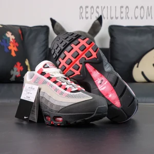 Outsole view of Nike Air Max 95 Big Bubble Solar Red with red rubber traction pattern