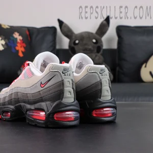 Top-down view of Nike Air Max 95 Big Bubble Solar Red showing lace system and tongue branding