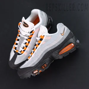 Nike Air Max 95 OG “Bright Mandarin 2.0” overall view with grey and white upper and orange accents