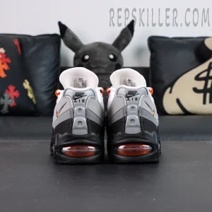 Nike Air Max 95 OG “Bright Mandarin 2.0” rear view showing orange Air cushioning