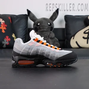 Nike Air Max 95 OG “Bright Mandarin 2.0” toe box detail with suede and mesh materials