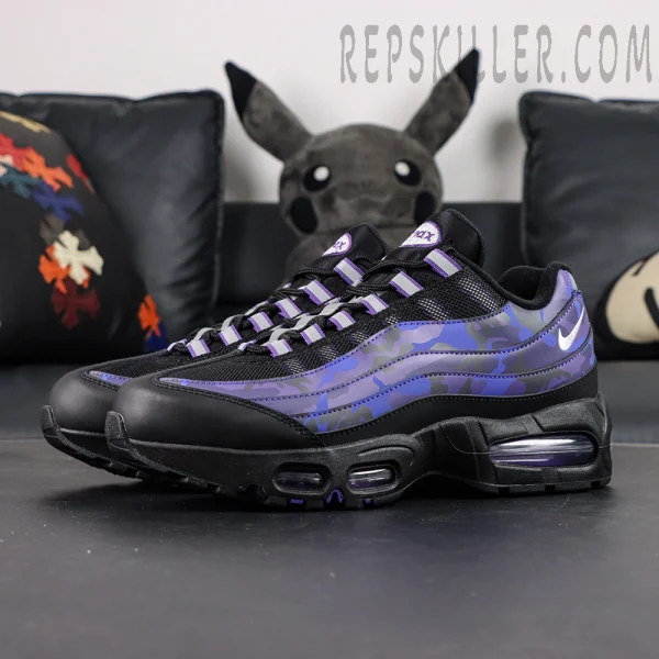 Nike Air Max 95 OG Purple Camo side view with black and purple camo upper and visible Air cushioning