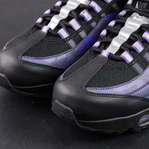 Nike Air Max 95 OG Purple Camo toe box detail with black leather and purple camo overlays