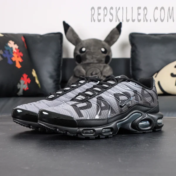 Nike Air Max Plus toe box close-up with high-density textile upper and reinforced edge
