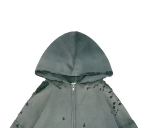 Saint Michael Distressed Double-Layer Waffle Zip Hoodie Grey