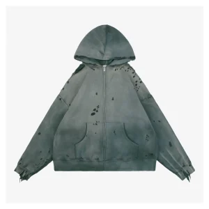 Saint Michael Distressed Double-Layer Waffle Zip Hoodie Green Front view