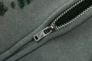 Saint Michael Distressed Double-Layer Waffle Zip Hoodie Green Zipper puller