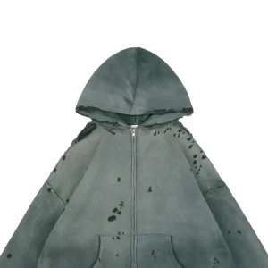 Saint Michael Distressed Double-Layer Waffle Zip Hoodie Green