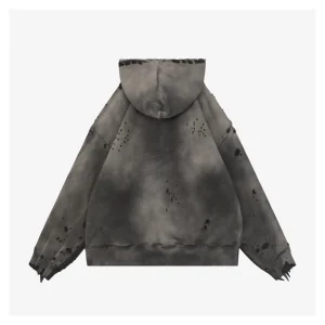 Saint Michael Distressed Double-Layer Waffle Zip Hoodie Grey Back view