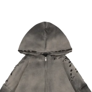 Saint Michael Distressed Double-Layer Waffle Zip Hoodie Grey