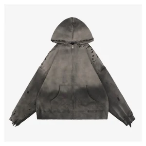 Saint Michael Distressed Double-Layer Waffle Zip Hoodie Grey Front view