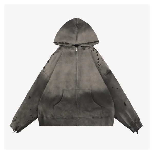 Saint Michael Distressed Double-Layer Waffle Zip Hoodie Grey Front view