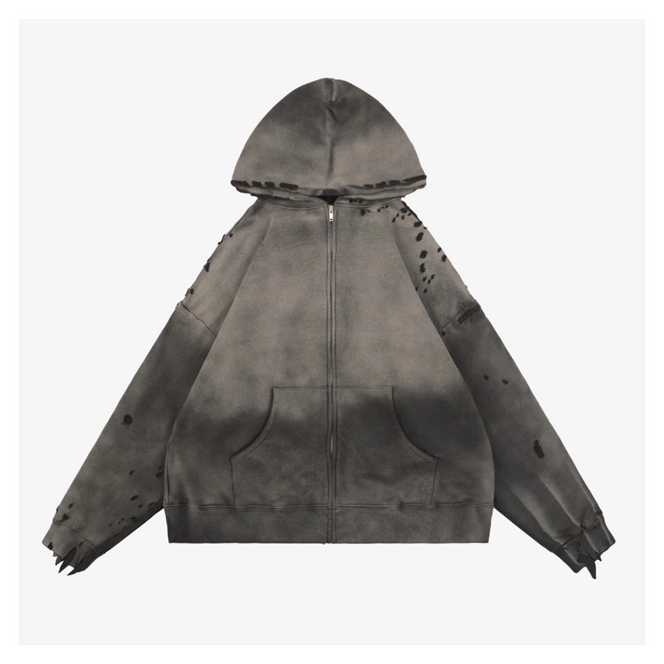 Saint Michael Distressed Double-Layer Waffle Zip Hoodie Grey Front view