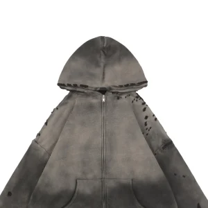 Saint Michael Distressed Double-Layer Waffle Zip Hoodie Grey