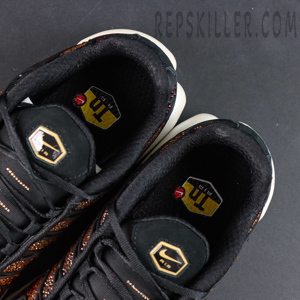 Swarovski x Nike Air Max Plus “Sunset” crystal-embellished sneakers, top view showing tongue and inner lining