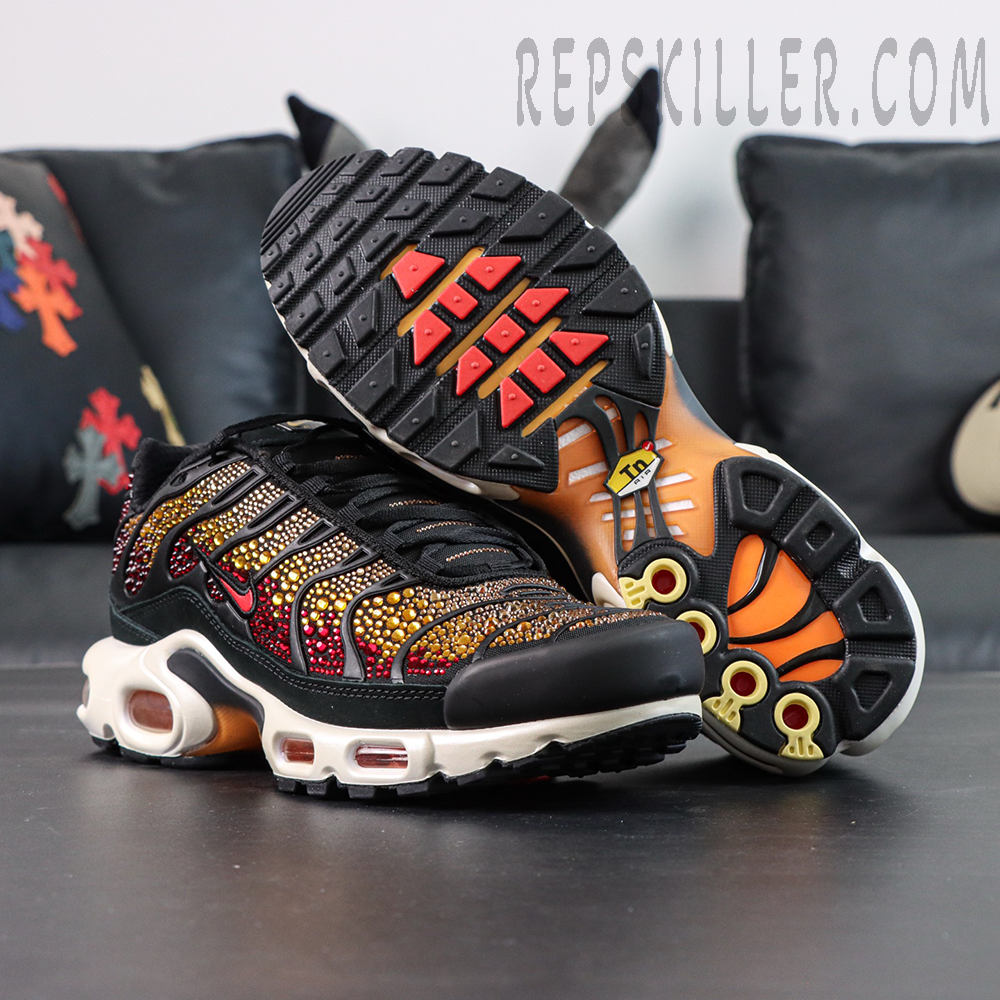 Swarovski x Nike Air Max Plus “Sunset” outsole view with black rubber sole and multicolor traction pattern