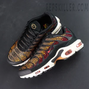 Swarovski x Nike Air Max Plus “Sunset” angled top view highlighting silhouette and crystal placement