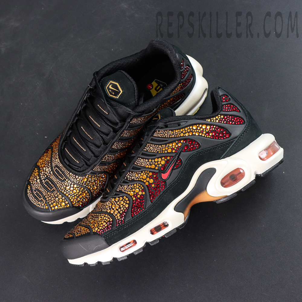 Swarovski x Nike Air Max Plus “Sunset” angled top view highlighting silhouette and crystal placement