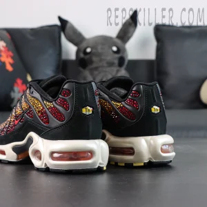 Swarovski x Nike Air Max Plus “Sunset” rear angled view showing red crystal accents and Air cushioning