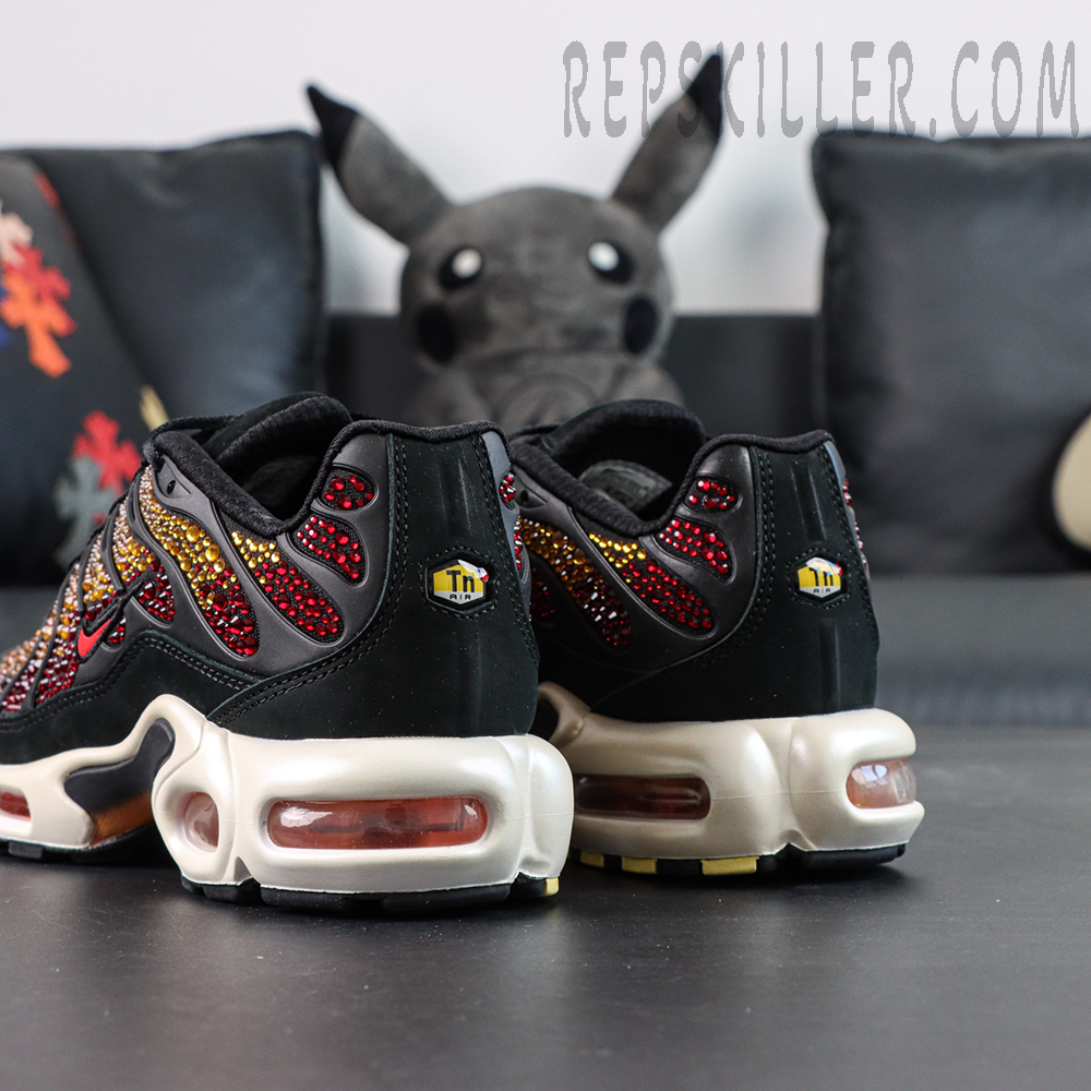 Swarovski x Nike Air Max Plus “Sunset” rear angled view showing red crystal accents and Air cushioning