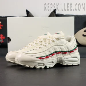 Three-quarter angle view of Undefeated x Nike Air Max 95 “Sail” highlighting Air cushioning