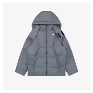 Adidas Originals Trefoil Logo Hooded Down Jacket Grey Front view