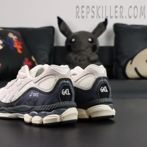 ASICS Gel NYC “White Smoke Grey” sneakers, rear-side angle showing segmented midsole cushioning