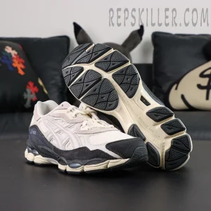 ASICS Gel NYC “White Smoke Grey” sneakers, outsole-up view with multi-zone rubber traction pattern