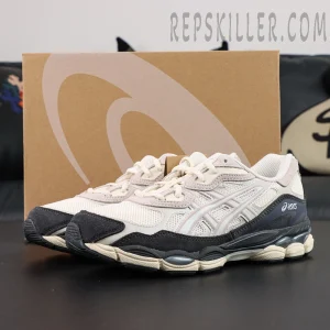 ASICS Gel NYC “White Smoke Grey” sneakers displayed with original shoebox, showing overall colorway and silhouette