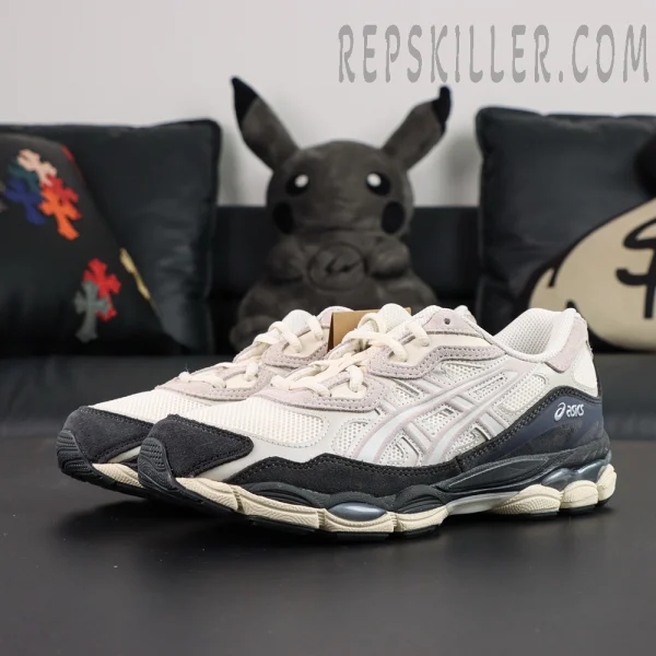 ASICS Gel NYC “White Smoke Grey” sneakers, floating angle showing upper lines and ASICS branding