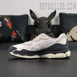 ASICS Gel NYC “White Smoke Grey” sneakers, side profile showing smoke grey colorway and GEL midsole