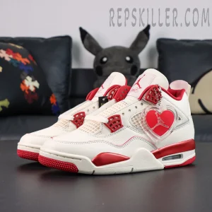 Air Jordan 4 Retro “Valentine’s Day” basketball shoes, front-side angle featuring heart-shaped Jumpman charm