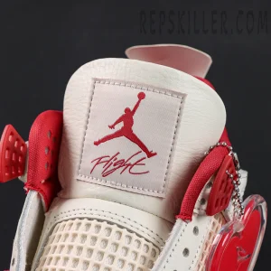 Air Jordan 4 Retro “Valentine’s Day” basketball shoes, tongue front close-up with Flight text and Jumpman embroidery