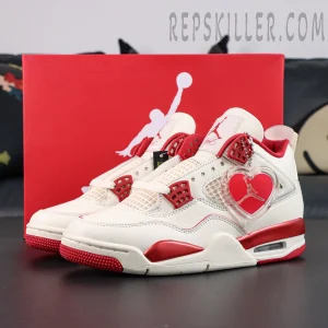 Air Jordan 4 Retro “Valentine’s Day” basketball shoes displayed with original red shoebox, Valentine’s Day theme