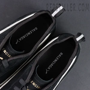 Balenciaga x Speedcat Suede Black White sneakers, inner view showing Balenciaga branding on insole