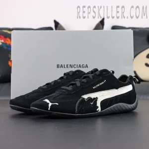 Balenciaga x Speedcat Suede Black White sneakers displayed with original Balenciaga shoebox