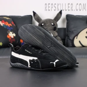 Balenciaga x Speedcat Suede Black White sneakers, outsole-up view showing traction pattern
