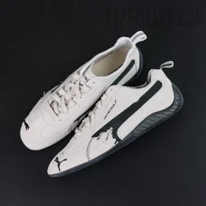 Balenciaga x Speedcat Suede “White Black” sneakers, top-down view showing upper and lace structure
