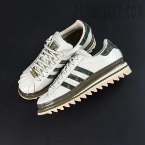 CLOT x BAPE x adidas Superstar “Off White Olive Cargo” sneakers, top-down view showing upper construction and serrated outsole