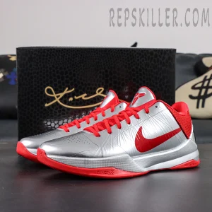 Caitlin Clark x Nike Zoom Kobe 5 Protro “Rookie of the Year” basketball shoes, front side angle with silver-red colorway and Swoosh logo