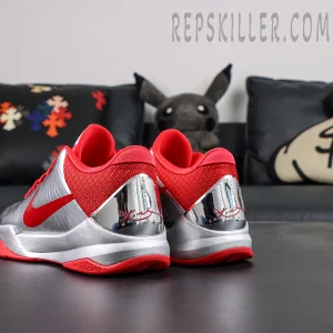 Caitlin Clark x Nike Zoom Kobe 5 Protro “Rookie of the Year” basketball shoes, rear side angle with red lining and silver upper