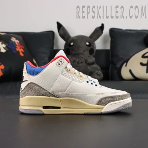 Air Jordan 3 Retro “Seoul 2.0” basketball shoes, lateral side view with white leather upper and grey suede mudguard