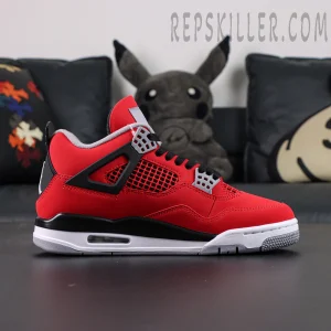 Side profile of the Jordan 4 Retro Toro Bravo featuring red nubuck upper, black TPU wing, and mesh panels