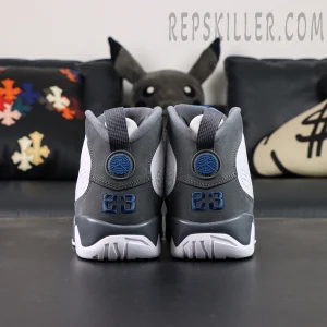Jordan 9 Retro Flint Grey basketball shoes, heel view with 23 embroidery and pull tab